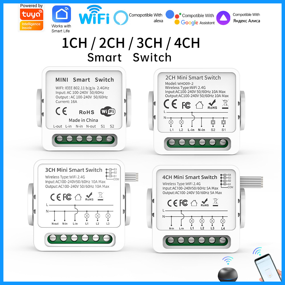 Smart Home Google - Interrupteur intelligent WiFi Tuya 1/2/3/4 voies,
