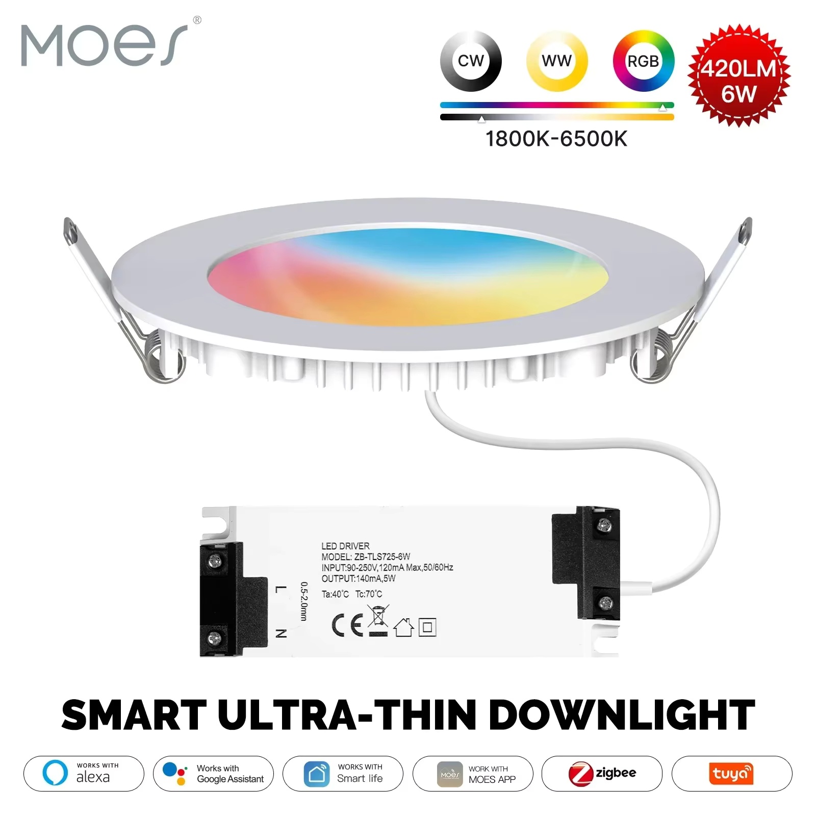 Smart Home Google - Lampe encastrée MOES ZigBee Tuya, tube
